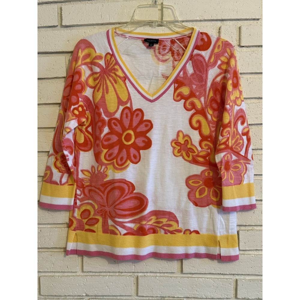 Talbots Pink Orange Floral Flower Lightweight Sweater Shirt Womens Size Small
